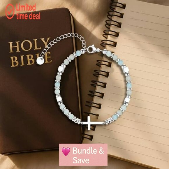 Christian Cross Charm Bracelet Beaded Stretch Fit Religious Jewelry Gift - Picture 7 of 8